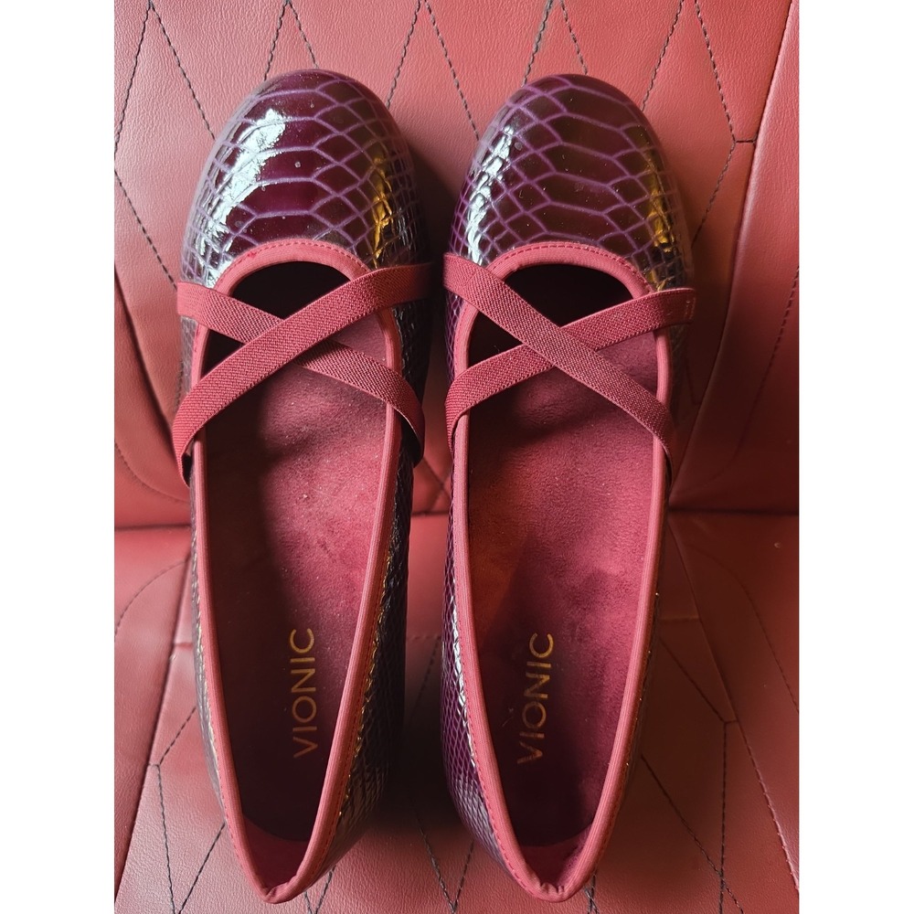 Vionic Dakota Leather Croc Red Plum Wedge Flat Orthotic Shoe Comfort Women 9
